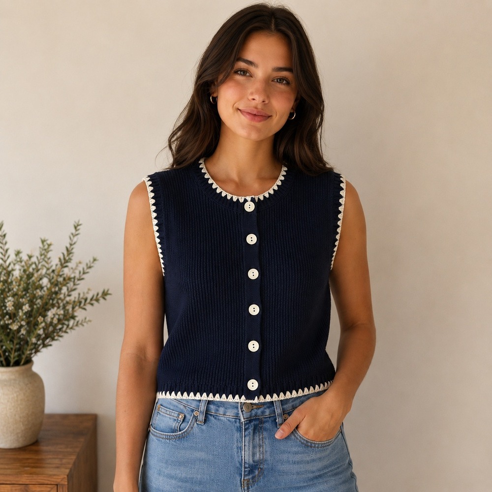 Navy Blue Ribbed Knit Sweater Vest Blanket Stitch Button Front XS‎